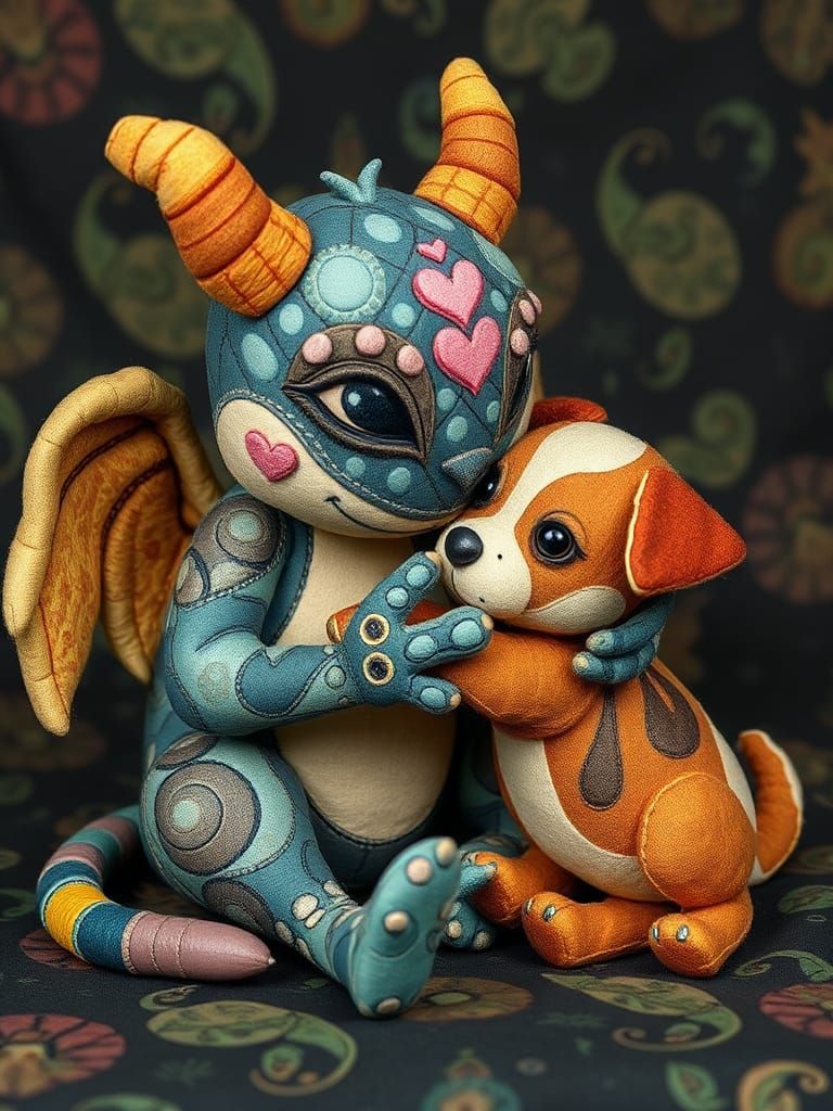 Whimsical Plush Creature and Puppy Playtime