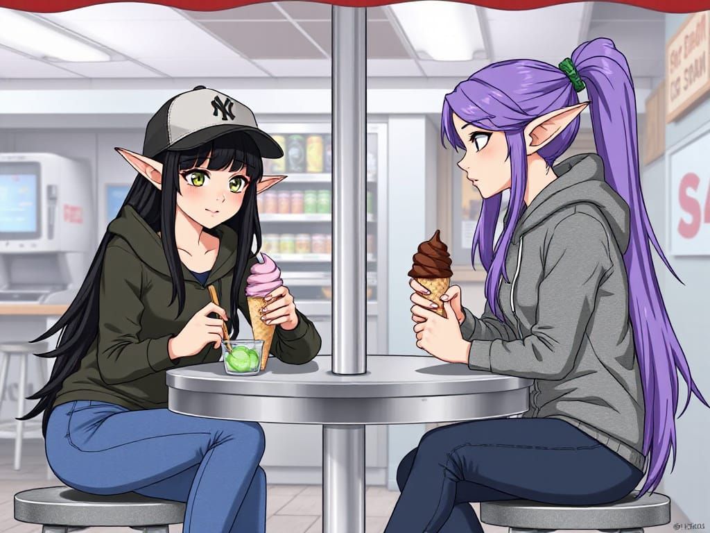 Elves Enjoying Ice Cream Cones at a Stand