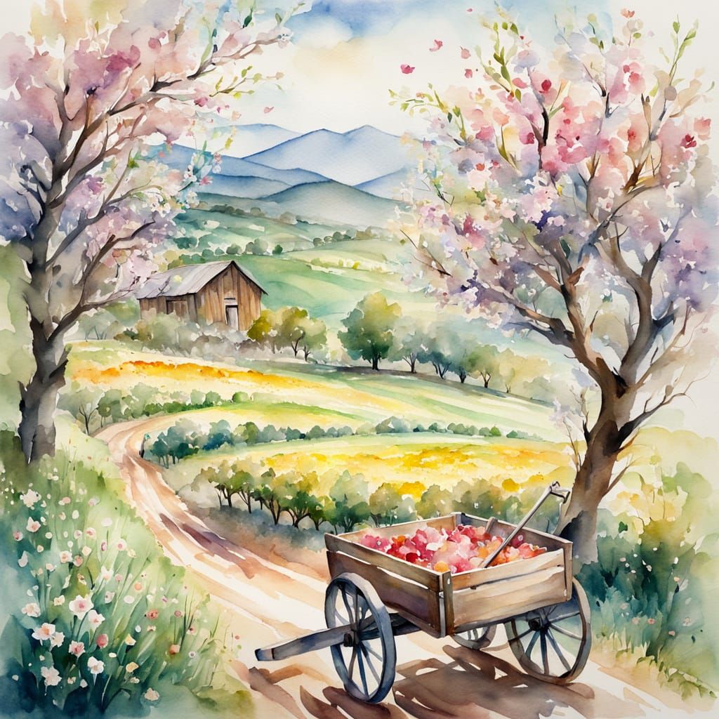 Expressive Watercolor of Spring Orchard Bloom