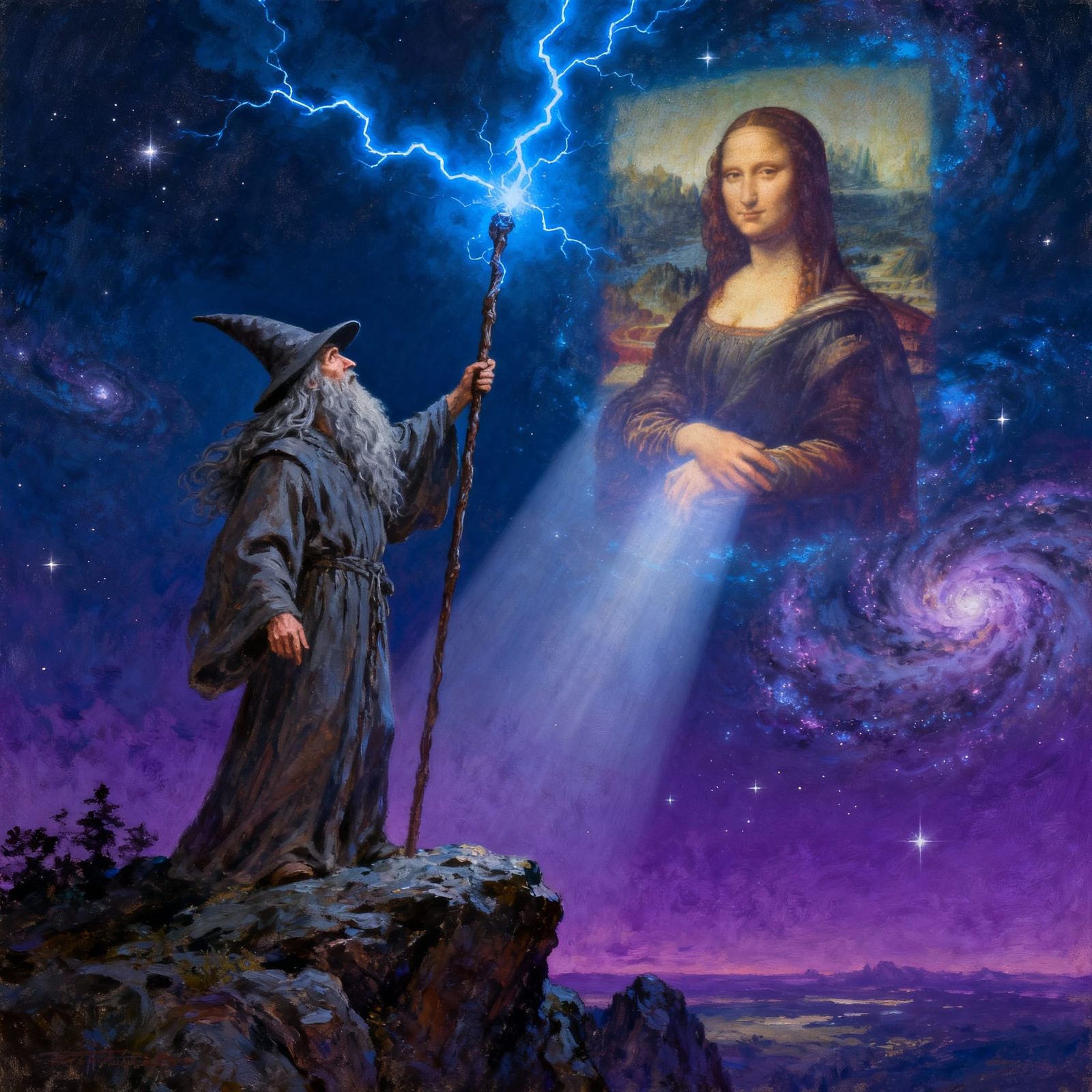 Wizard Conjures Mona Lisa in Starry Night Sky