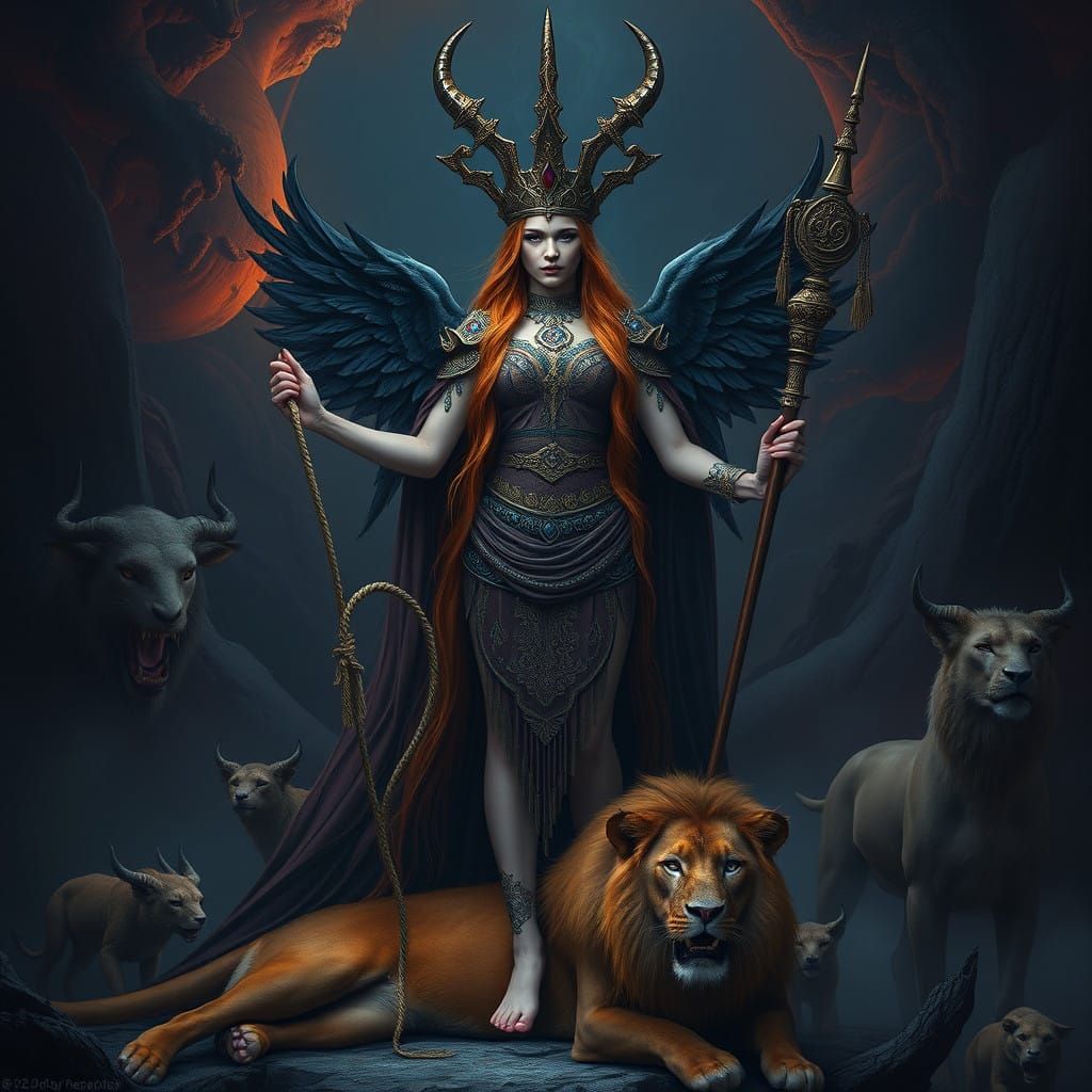 Regal Fantasy Queen with Dark Aura and Nocturnal Animals