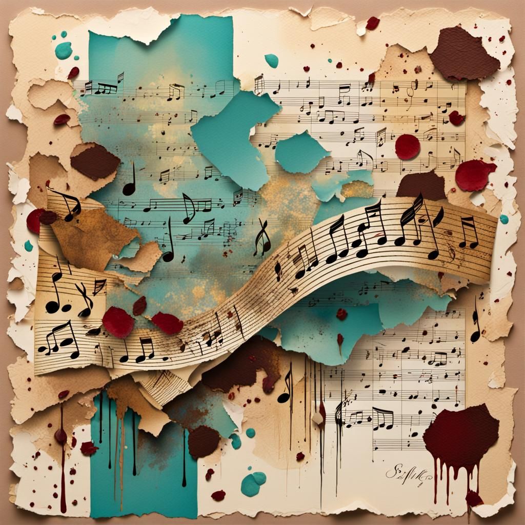 Mixed Media Collage with Script and Coffee Stains