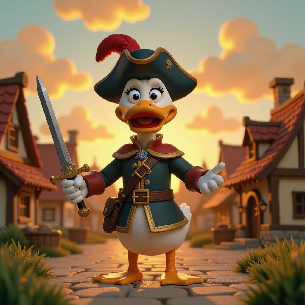 Claymation Duck Cavalier in Medieval Village