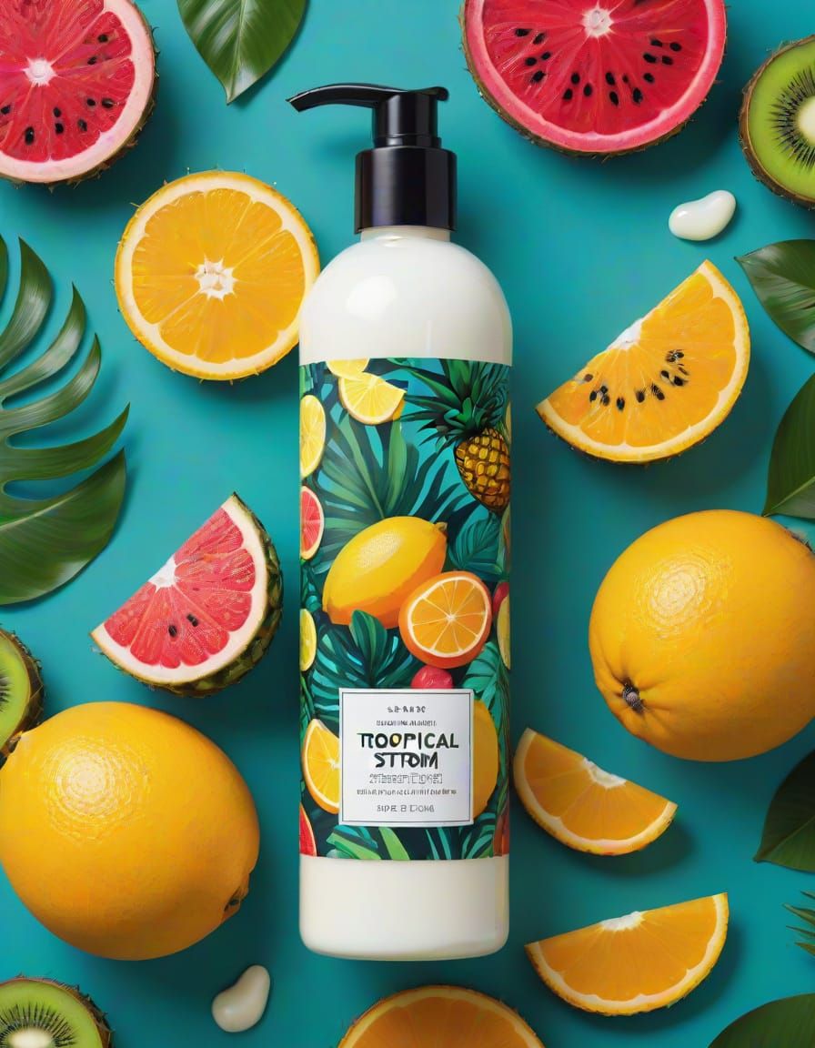 Vibrant Tropical Storm Lotion Label in Whimsical Style