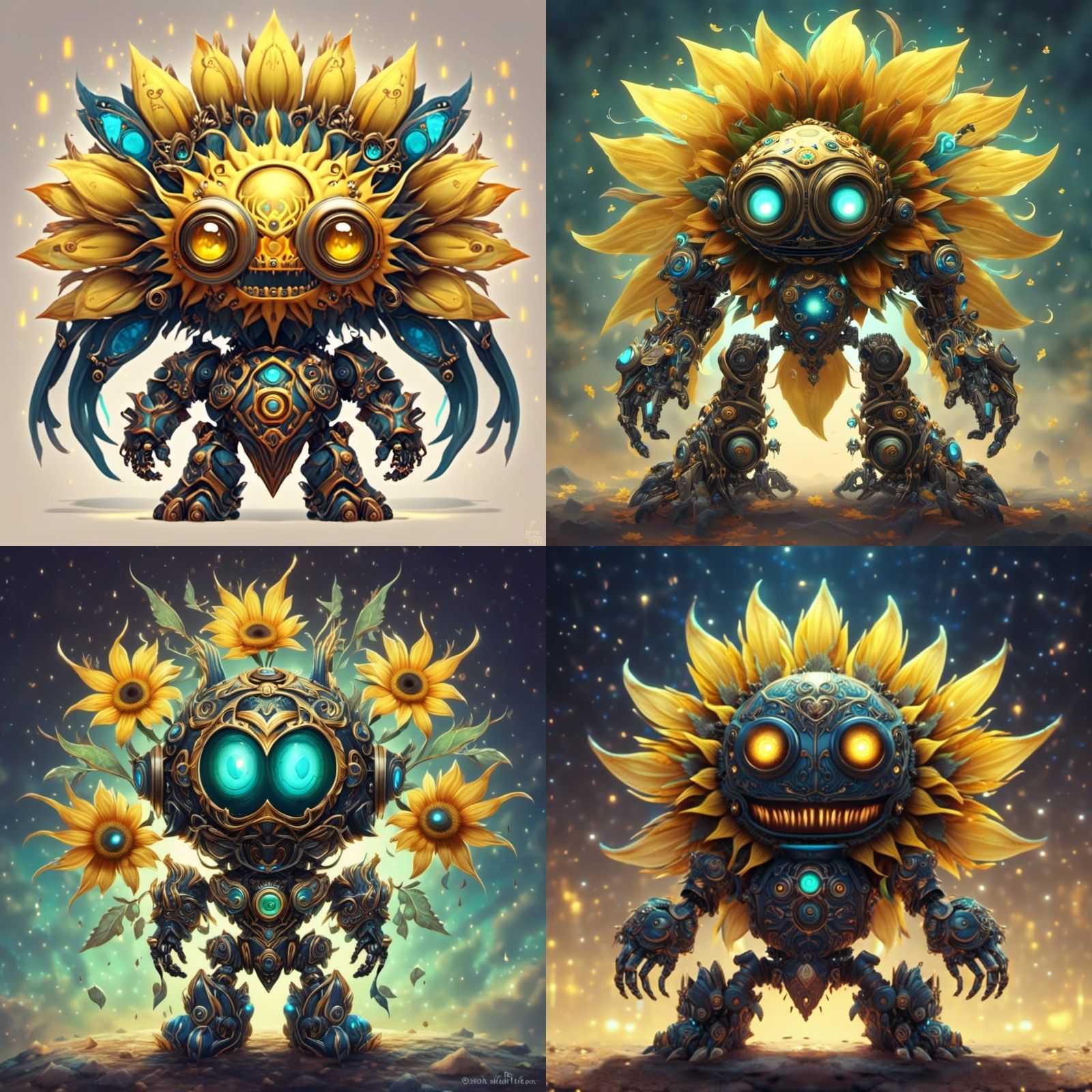 <lora:FF-Godz:1.0> Cute Chibi sunflower monster robot, nightsky runes