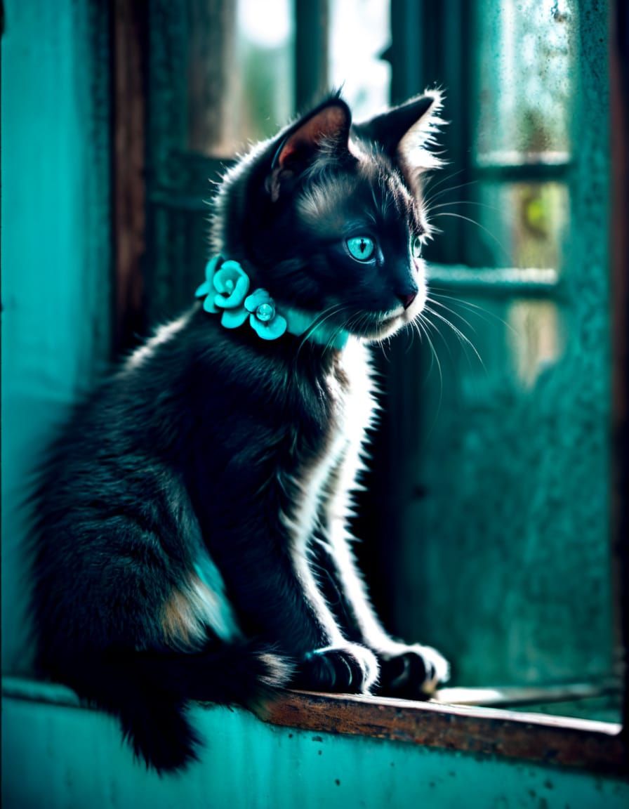 Cat Portrait with Turquoise Birds and Flowers