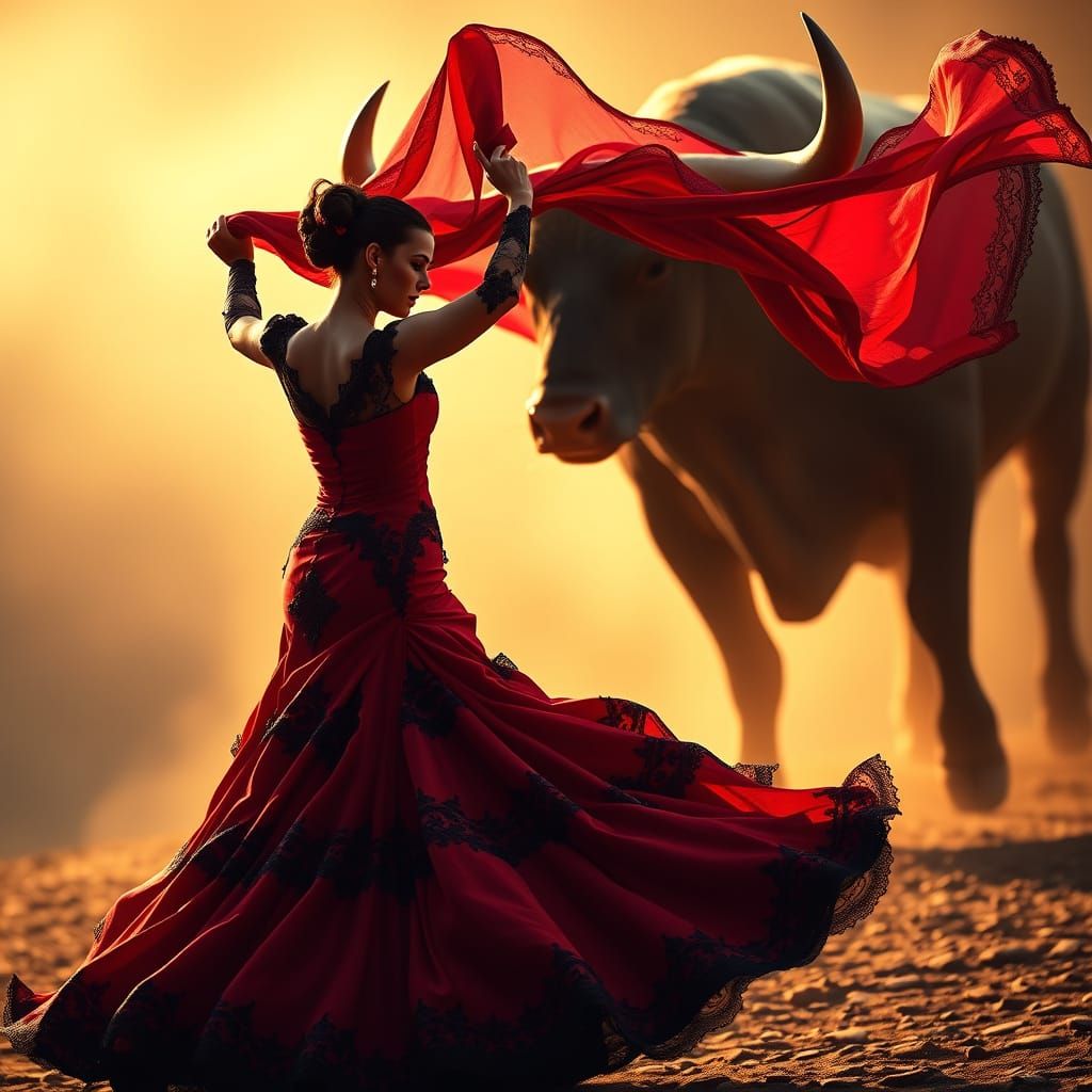 Sensual Spanish Flamenco Dancer Confronts Regal Bull in Crim...