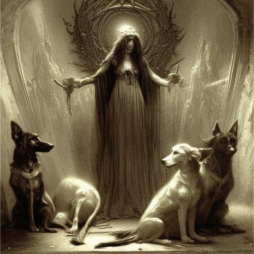 Hecate and Her Dogs: A Gothic Horror Scene