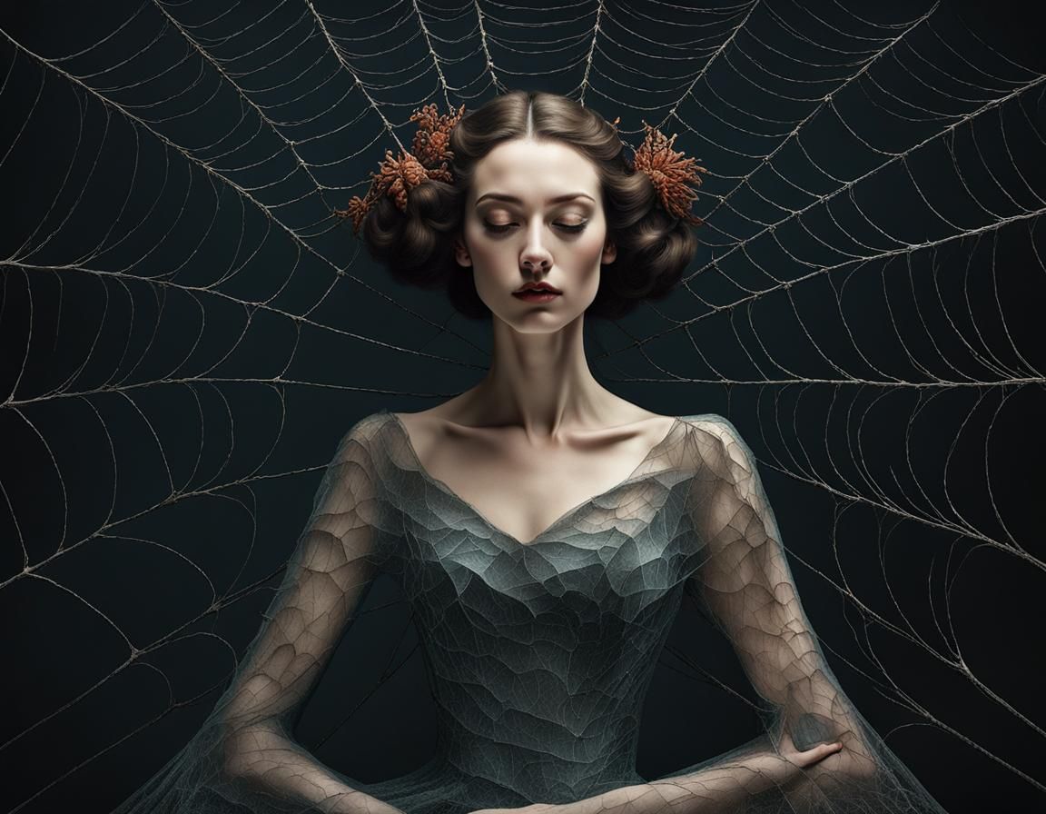 Surreal Spiderweb Gown Portrait in Airbrush Art Style