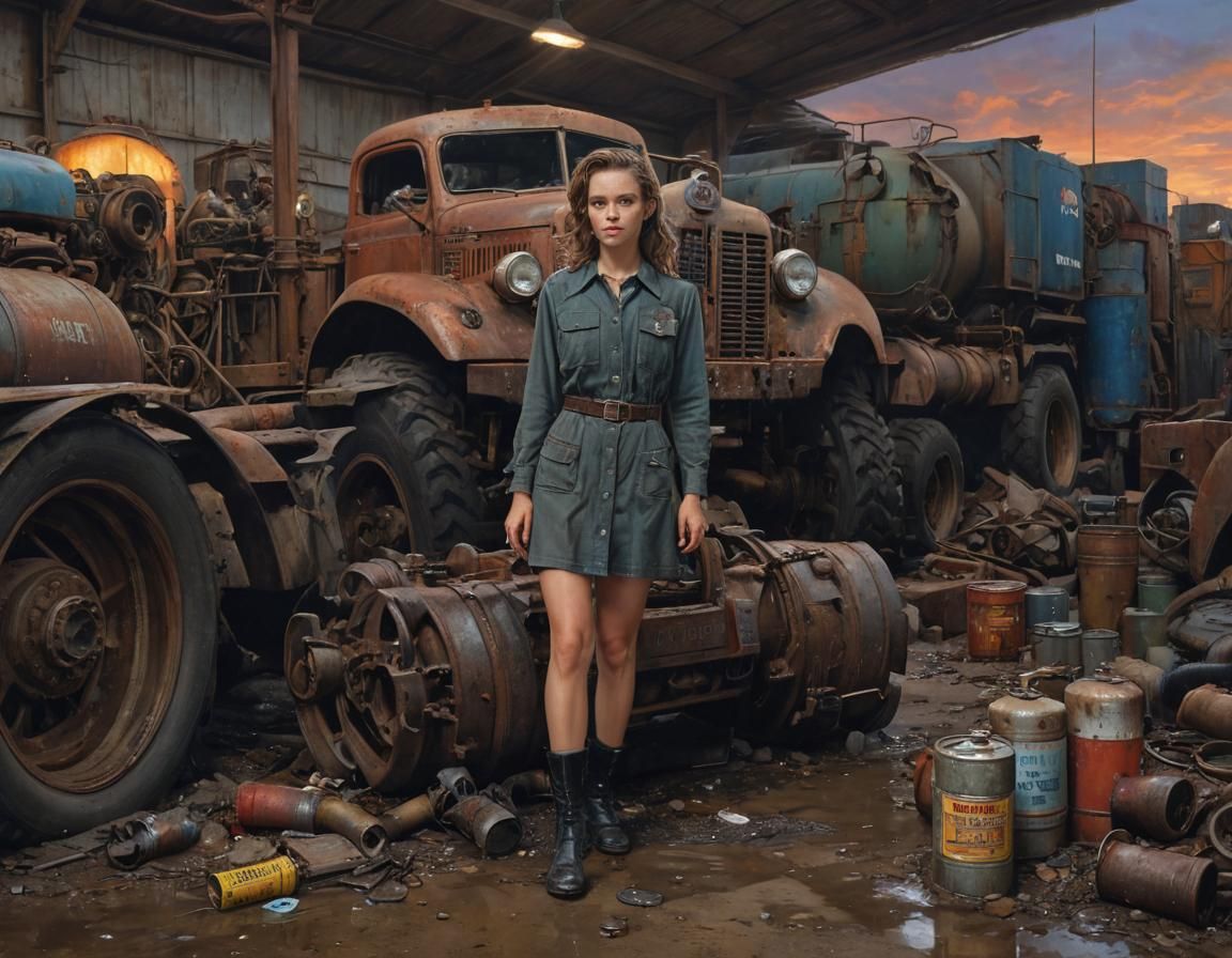 Dieselpunk Workshop: Girl and Fuel Truck at Sunset