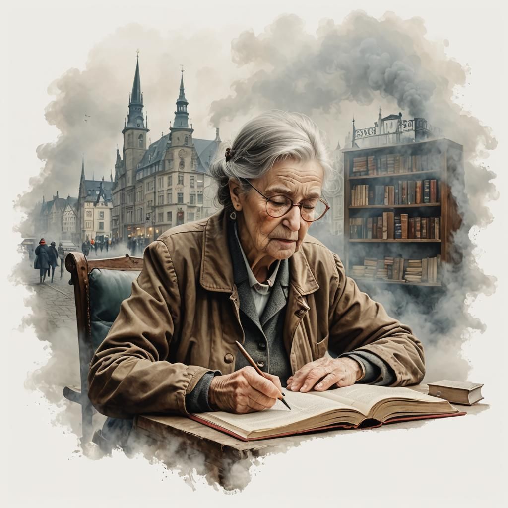 Hyperrealistic Image of Old Woman Writing