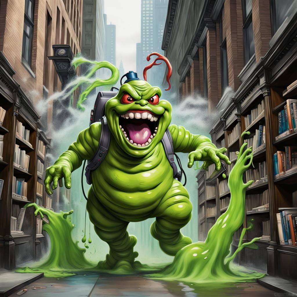 Slimer Chased by Ghostbusters in Library, Graffiti Art