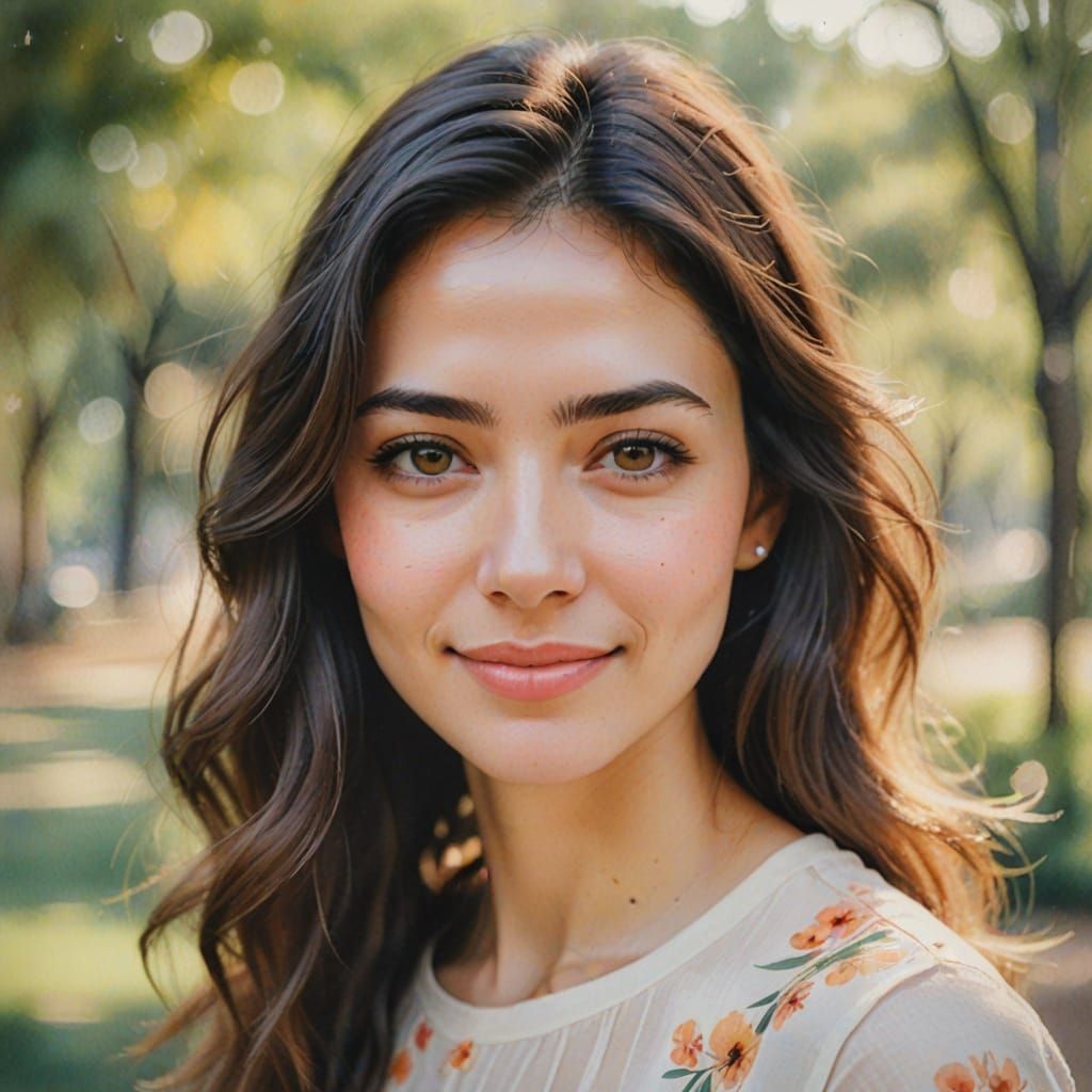 Watercolor Portrait of a Young Woman with Brown Eyes