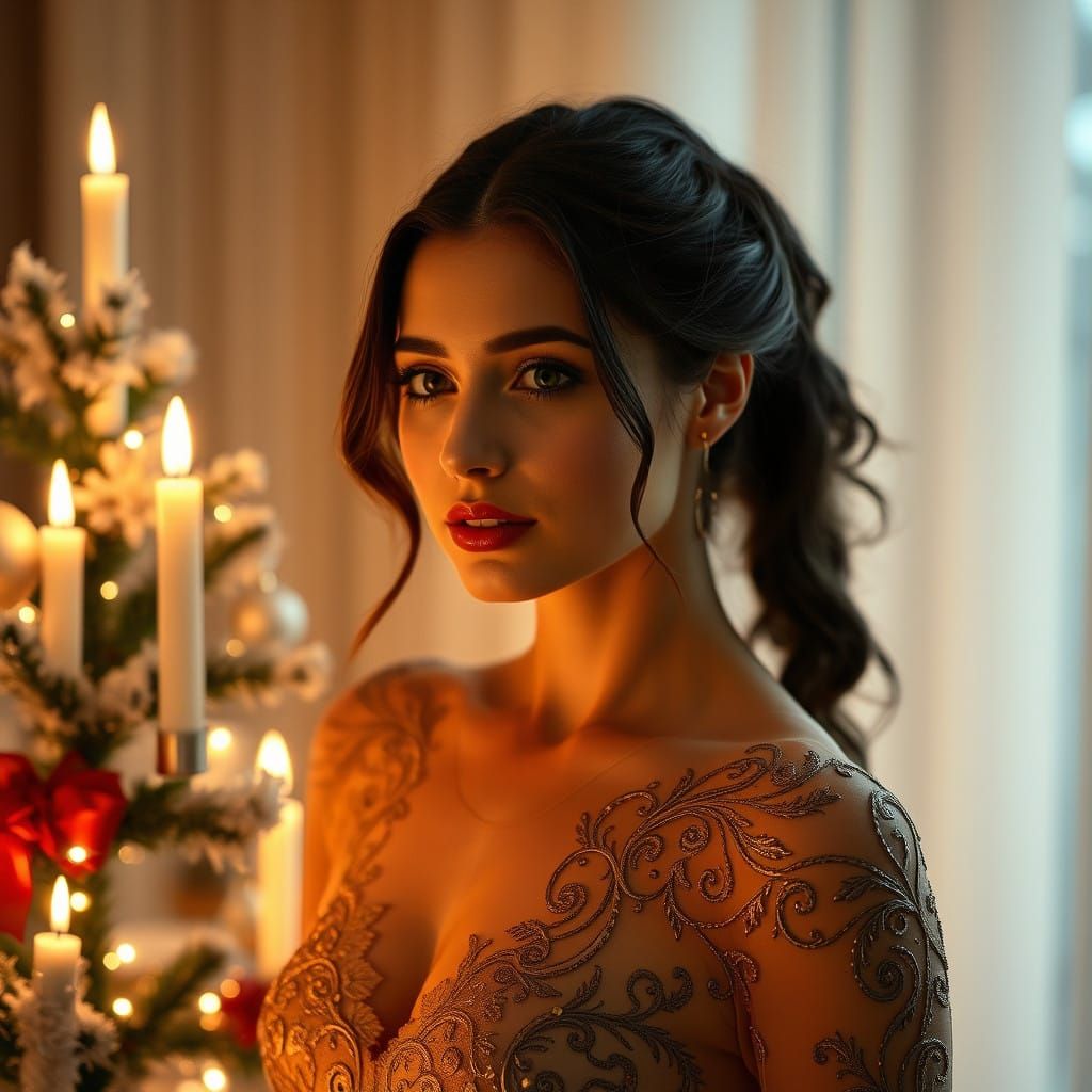 Elegant Woman in Luxurious Latex Dress Amidst Winter Wonderl...