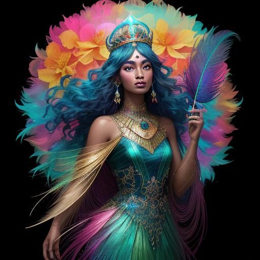 Cosmic Woman with Peacock Feathers, Astral Illustration