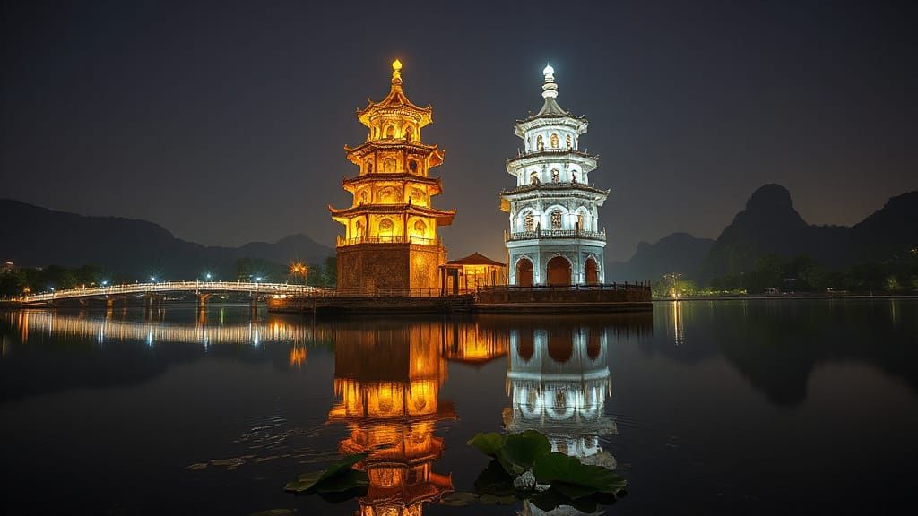 Guilin's Twin Pagodas Reflected in Li River at Night