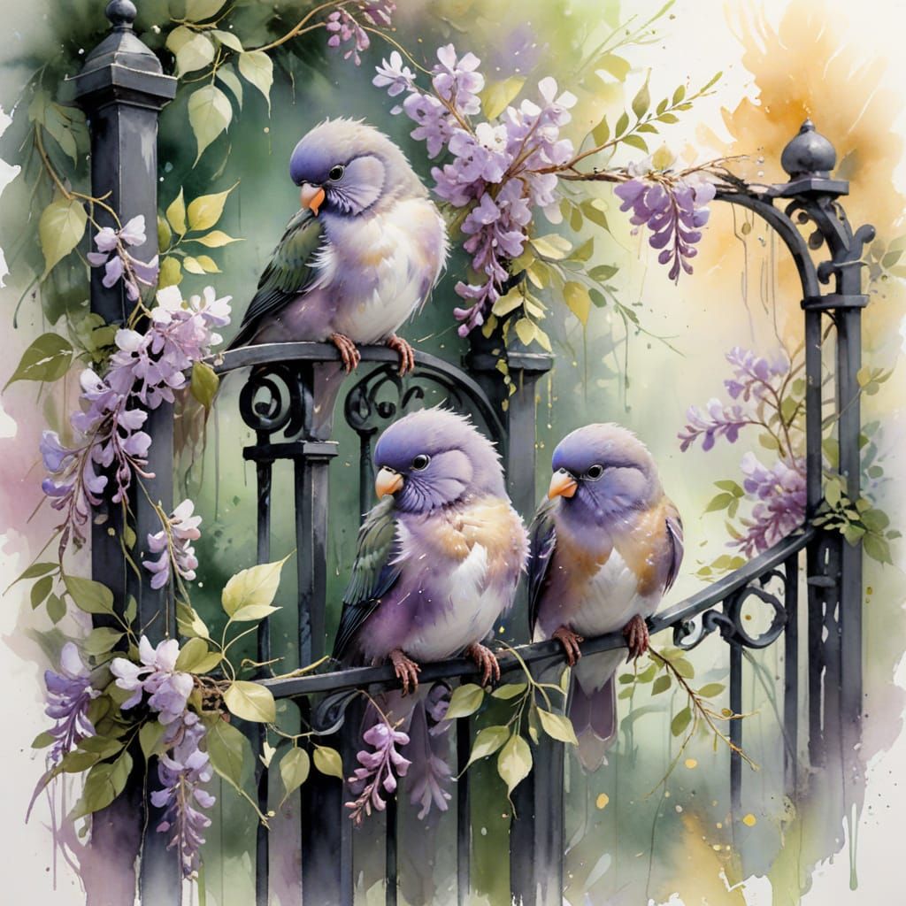 Lovebirds in Wisteria Arbor: Impressionistic Watercolor Pain...