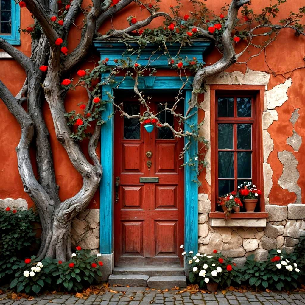 Red House Facade with Blue Door and Tree
