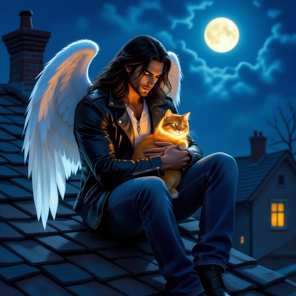 Angel with Glowing Cat on Rooftop, Photorealistic Art