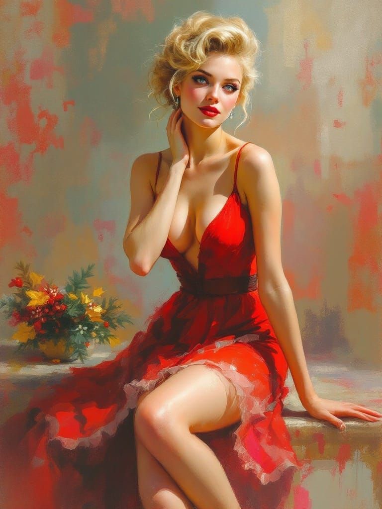 Rapid Pastel Sketch of Confident Blonde in Festive Red Dress
