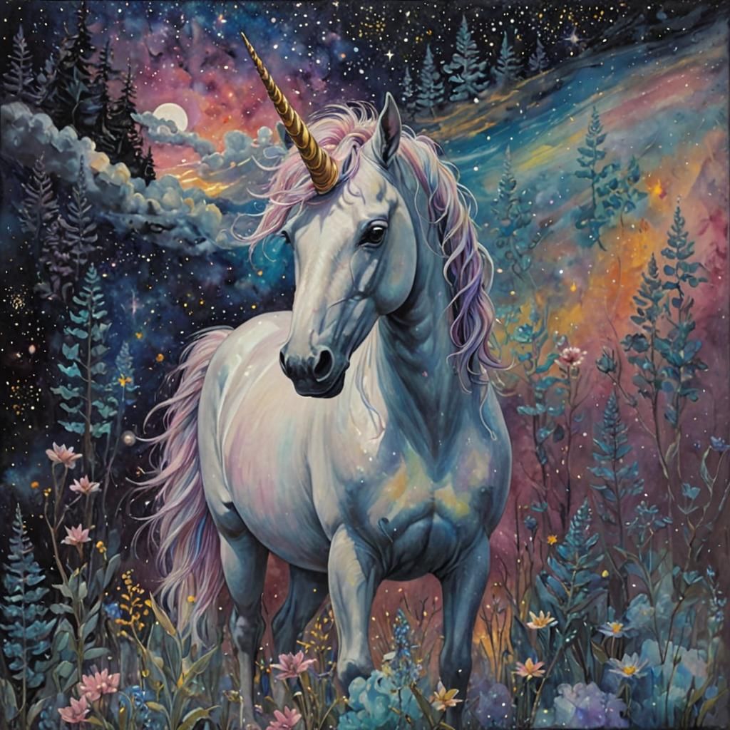 Unicorn Emerges from Encaustic in Surrealist Style