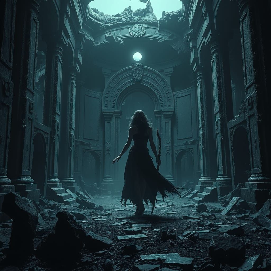 A enchantress in the ruins of an ancient temple.