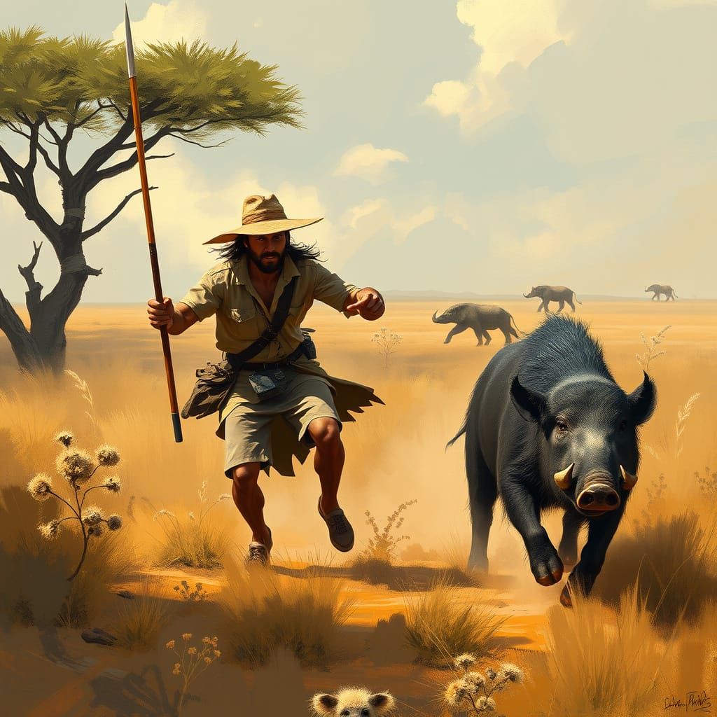 Safari Hunter Pursues Boar in Digital Painting