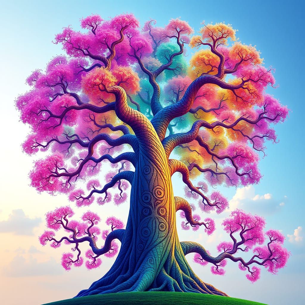 Vibrant Fractal Tree in Swirling Patterns and Electric Hues