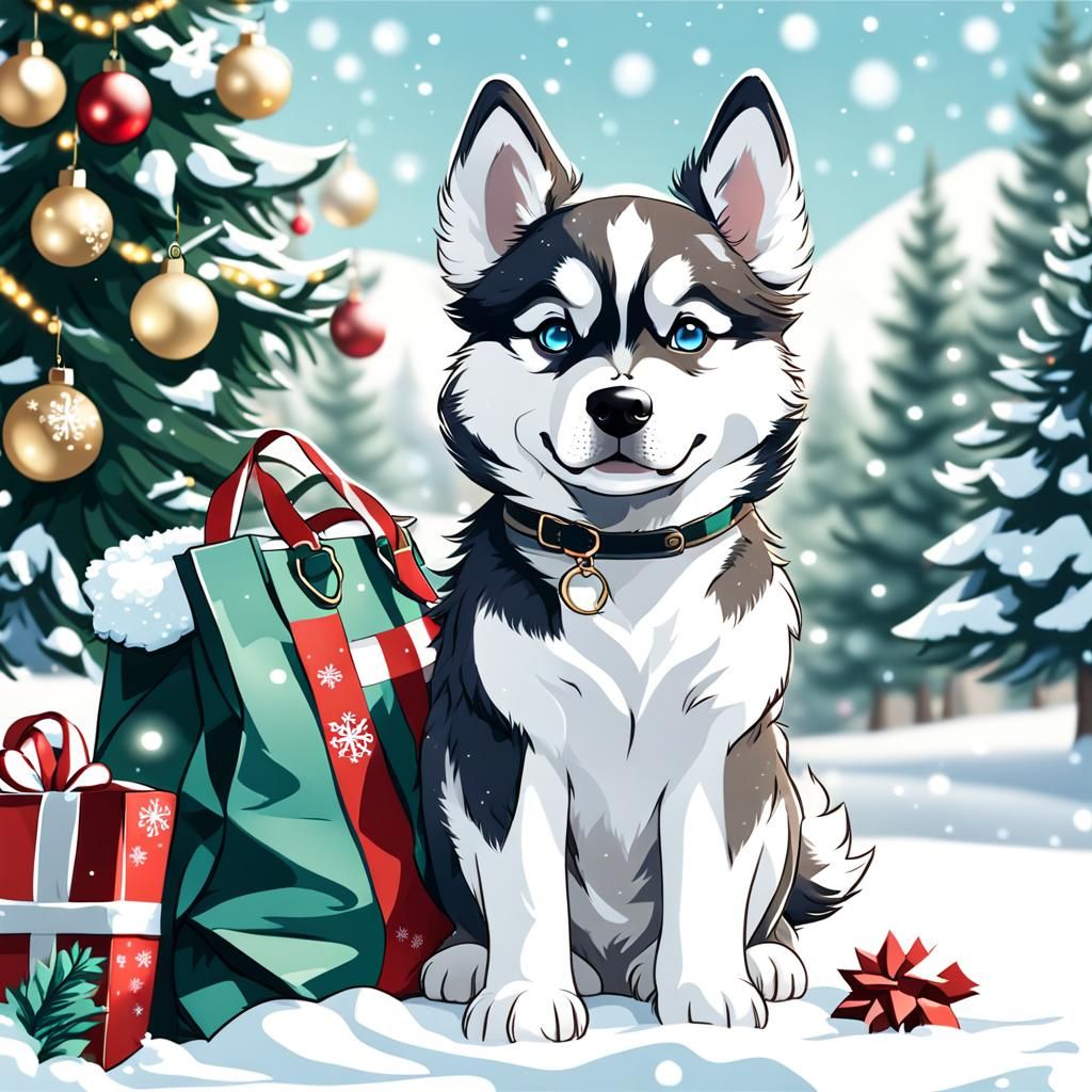 Chibi Husky Puppy in Christmas Bag