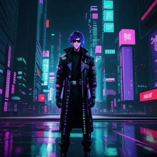 Cyberpunk Cityscape with Neon Lights in Anime Style