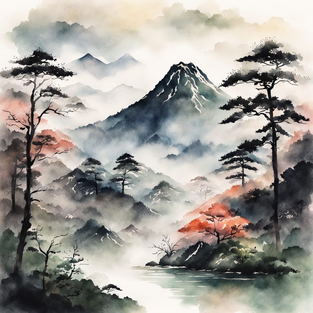 Majestic Japanese Landscape in Ink Painting Style