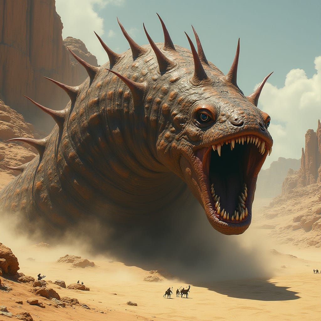 Gigantic Mottled Worm in Surreal Desert Landscape