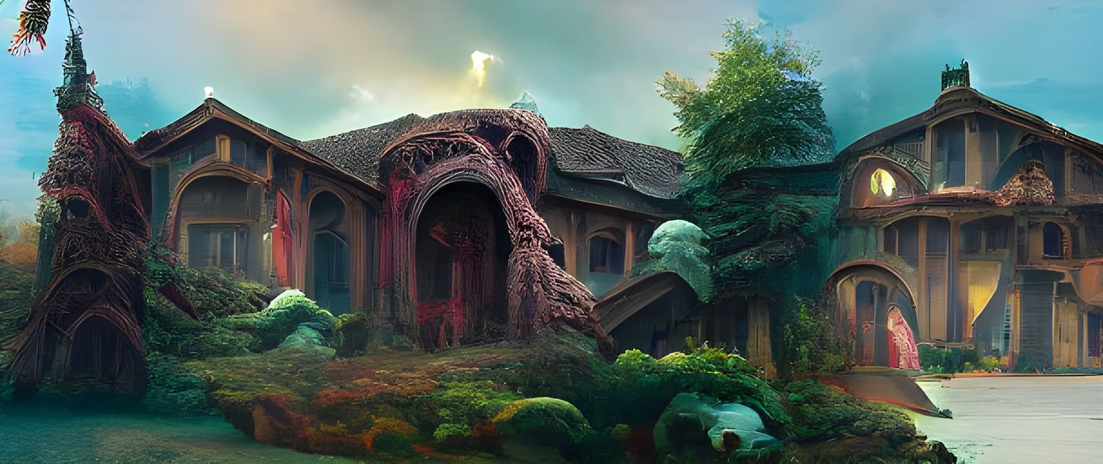 Surreal Maximalist House with Volumetric Lighting