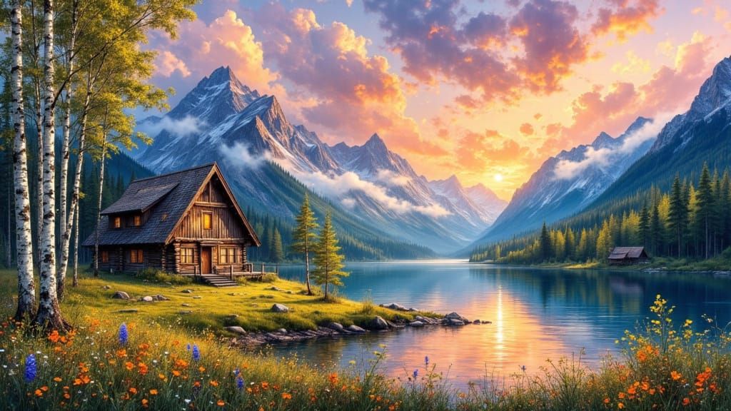 Tranquil Lakeside Cabin at Golden Hour