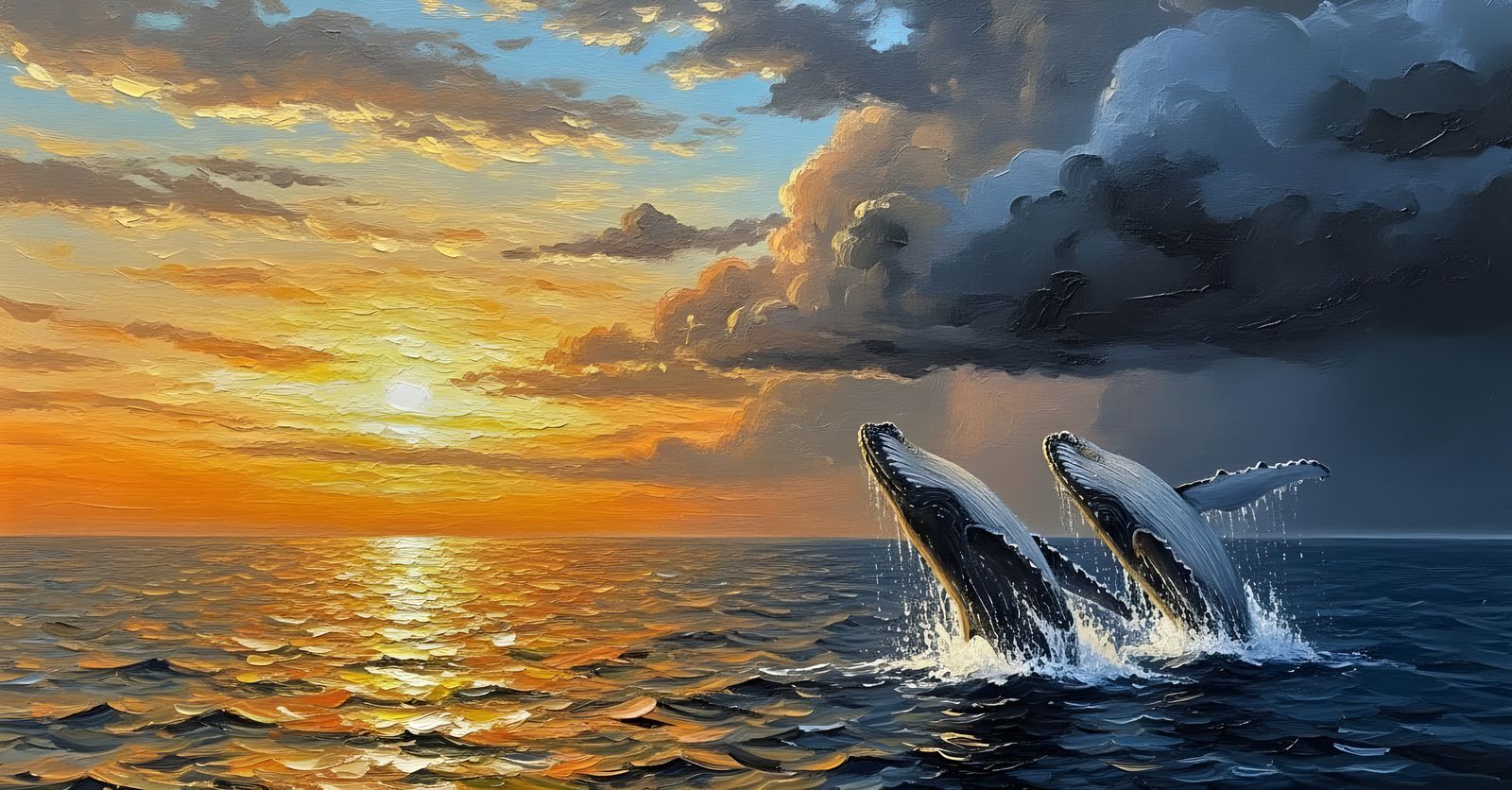 Whales Leap at Sunset in Textured Oil Painting