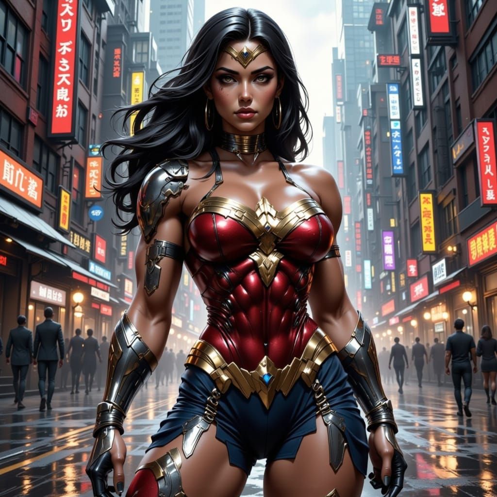 Cybernetic Wonder Woman in Futuristic City