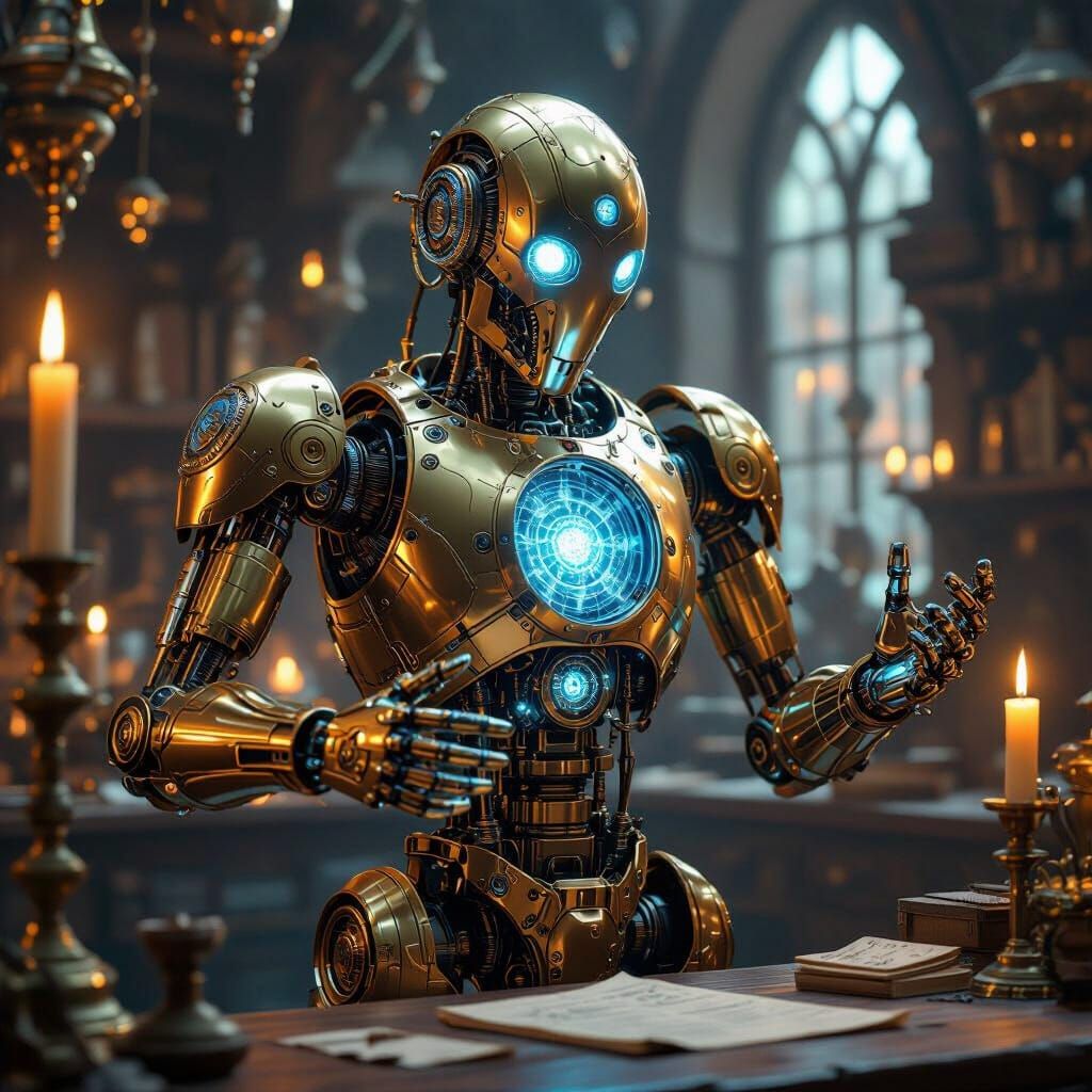 Metallic Automaton Assistant in Magical Alchemist Workshop