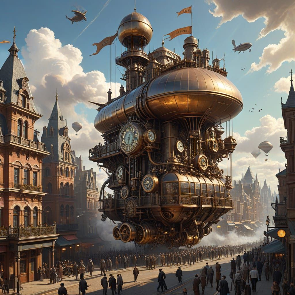 Steampunk Cityscape with Clockwork Gears and Airships