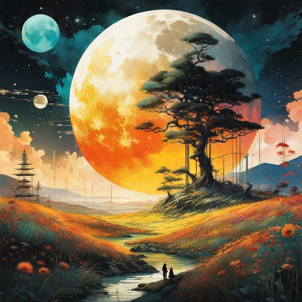 Anime Landscape: Sun and Moon in Watercolor Style
