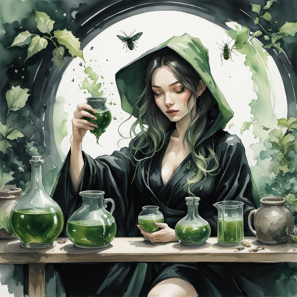 Poison Brewer Girl: Ink and Watercolor Dark Fantasy