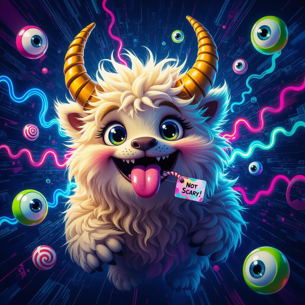 Fluffy Neon Beast with Spiral Horns in 3D Style