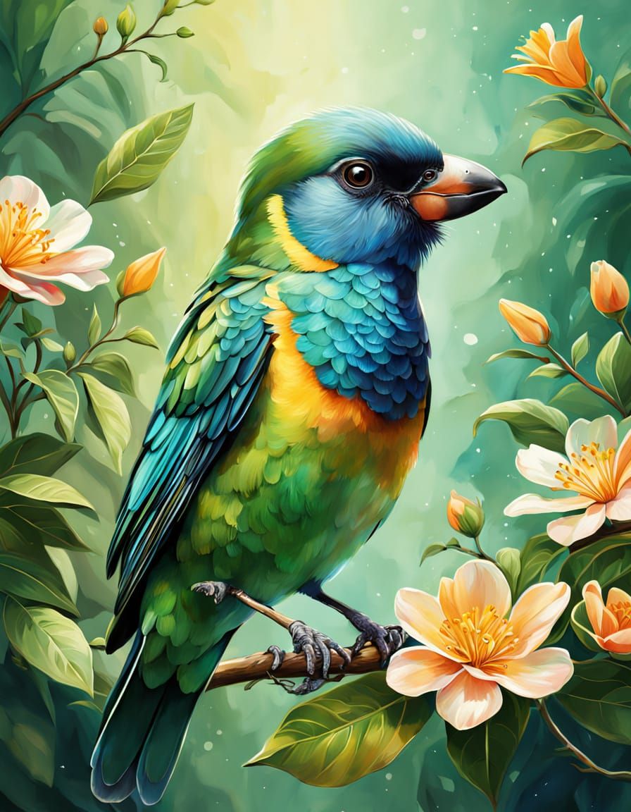 Colorful Songbird in Floral Setting: Airbrush Oil Painting
