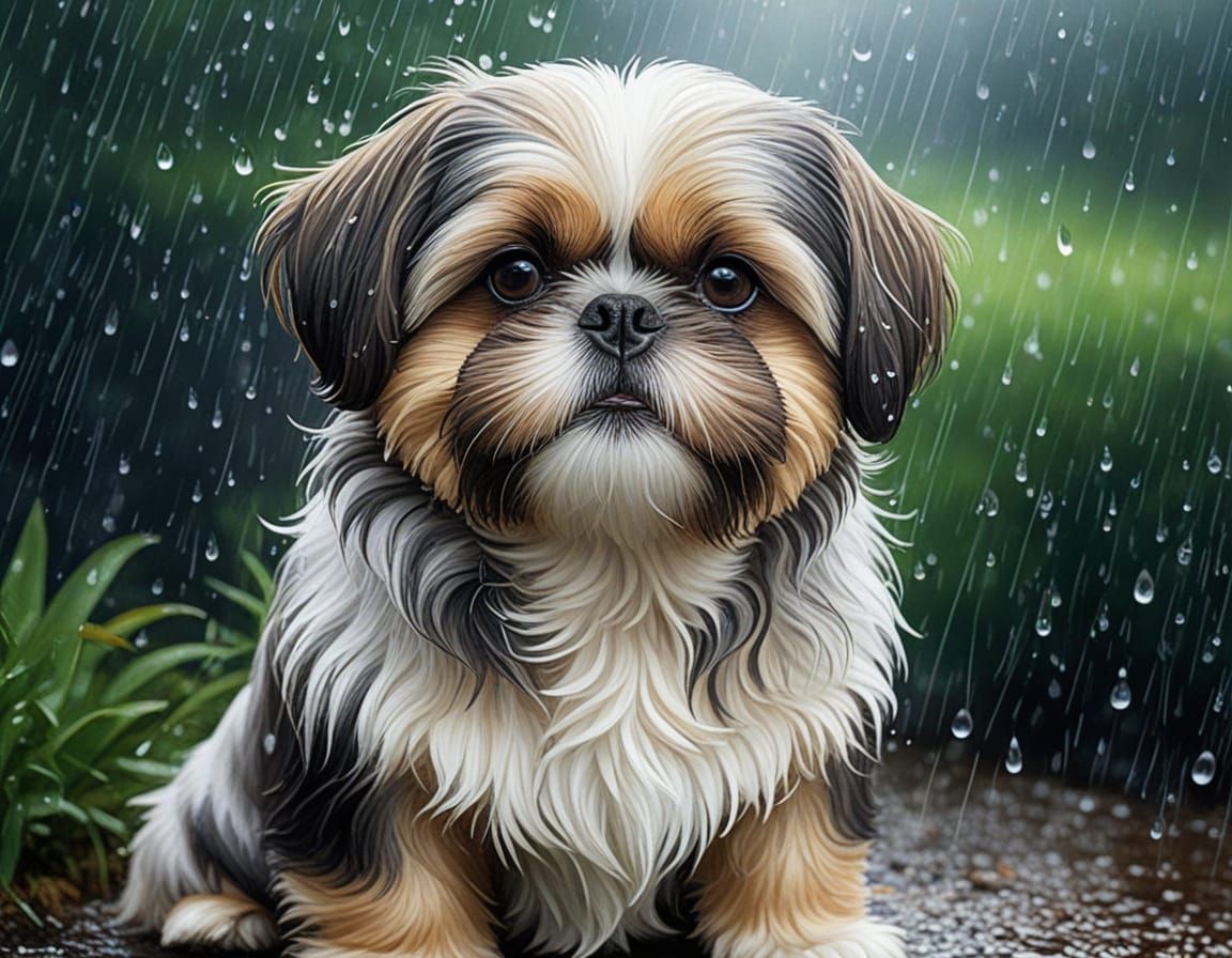 Vibrant Shih-Tzu in Rainy Nature Scene
