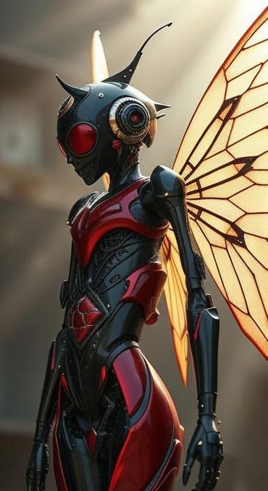 Futuristic Robot with Biomechanical Details and Fairy Wings