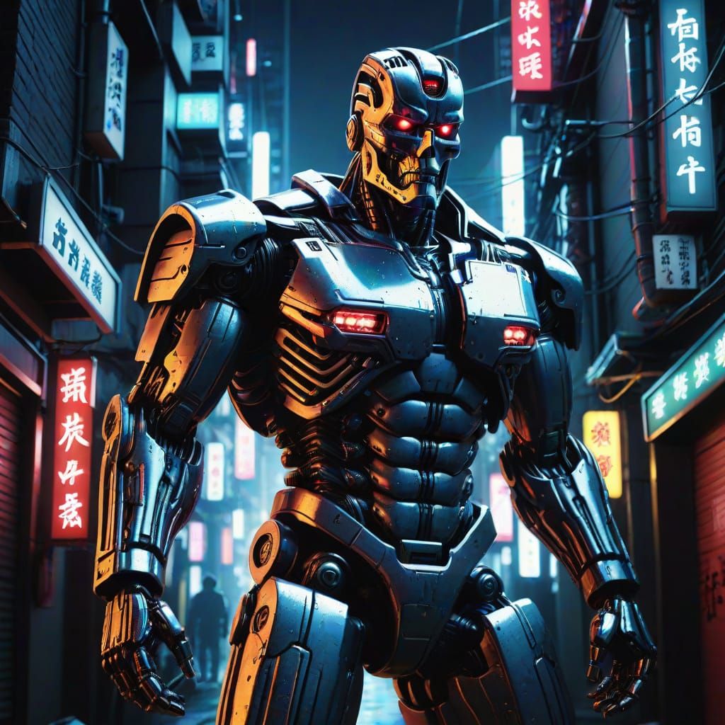 Terminator in Ishii-e Style Japanese Woodblock Print