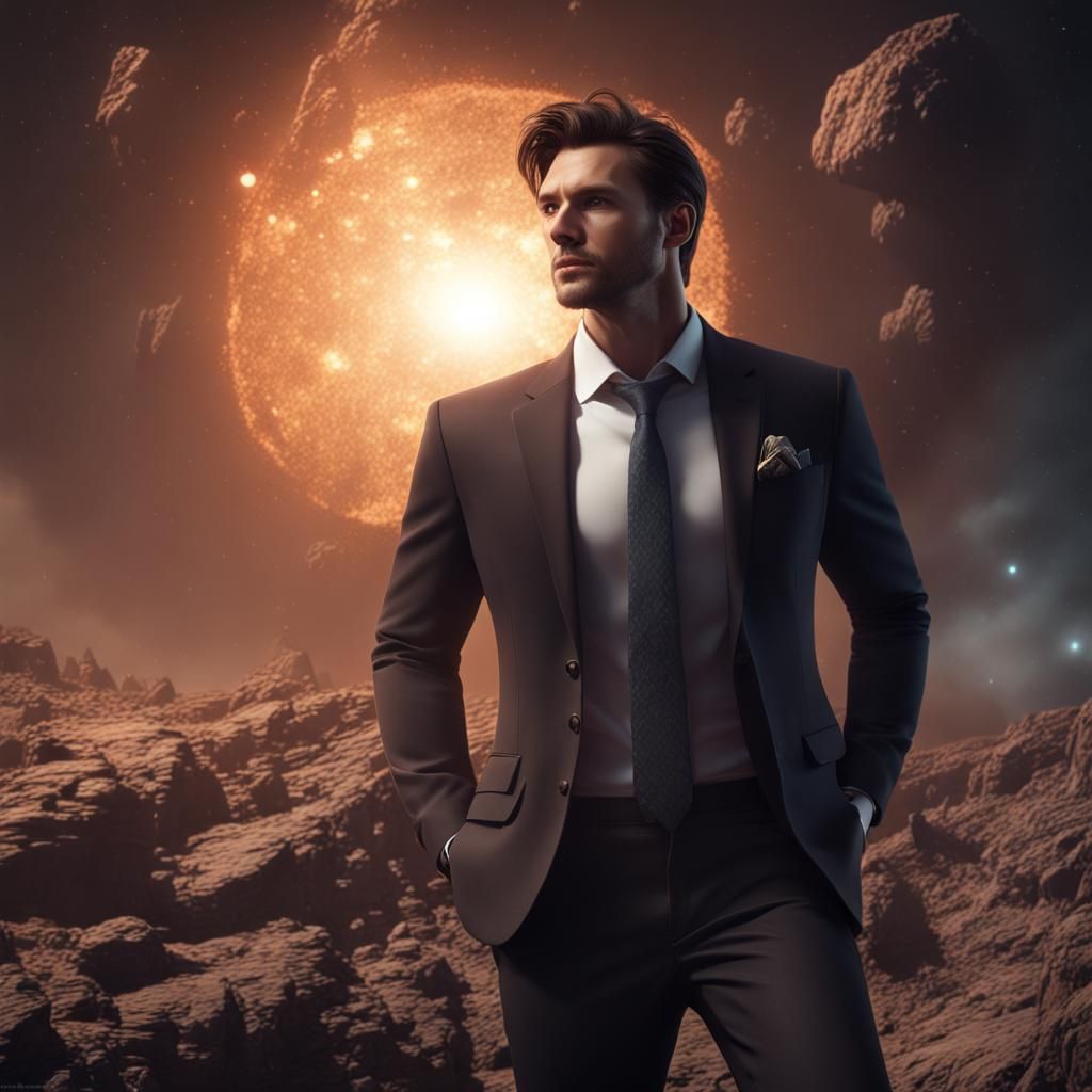 Handsome Man on Asteroid: Detailed Matte Painting