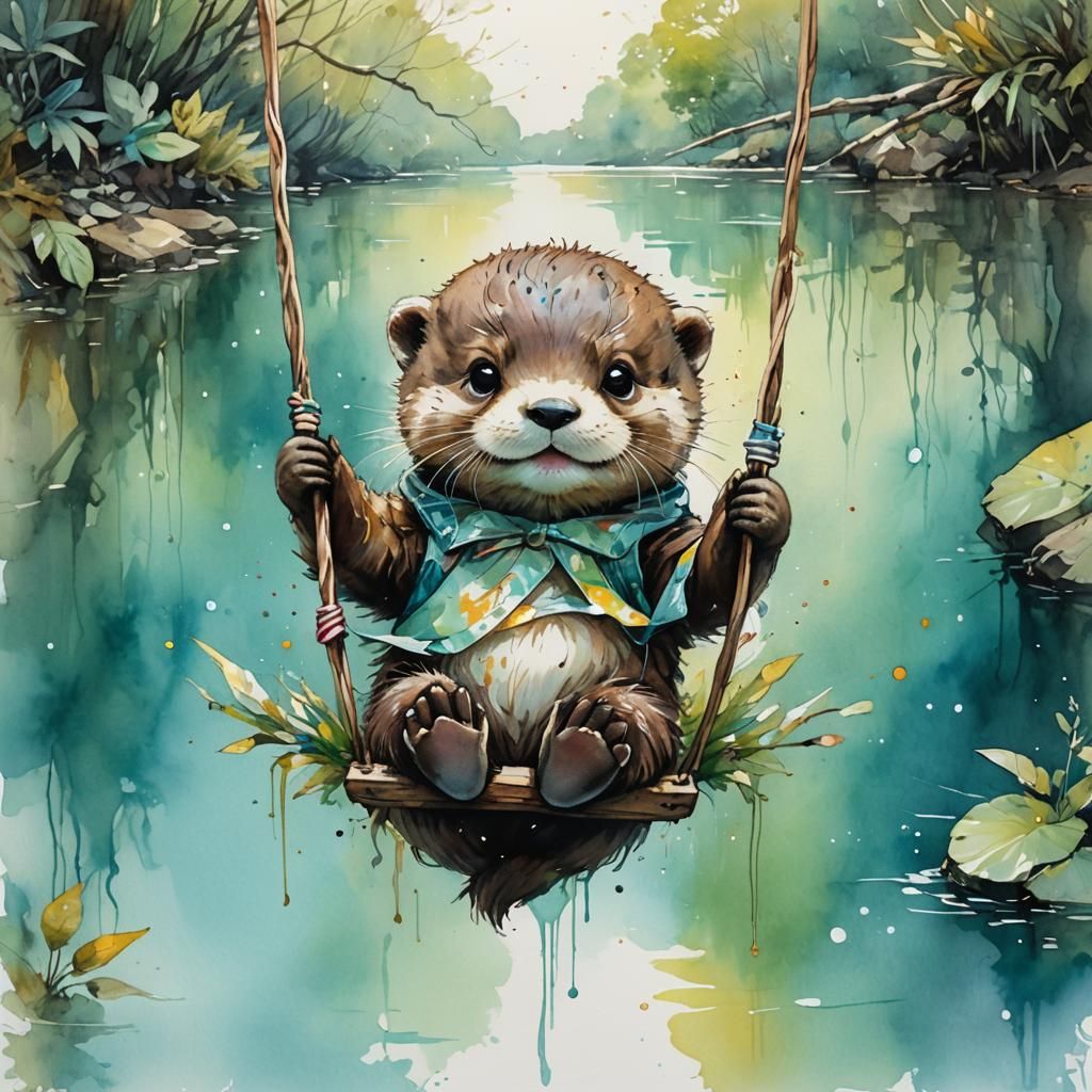 Smiling Otter Swings in Watercolor Chibi Art