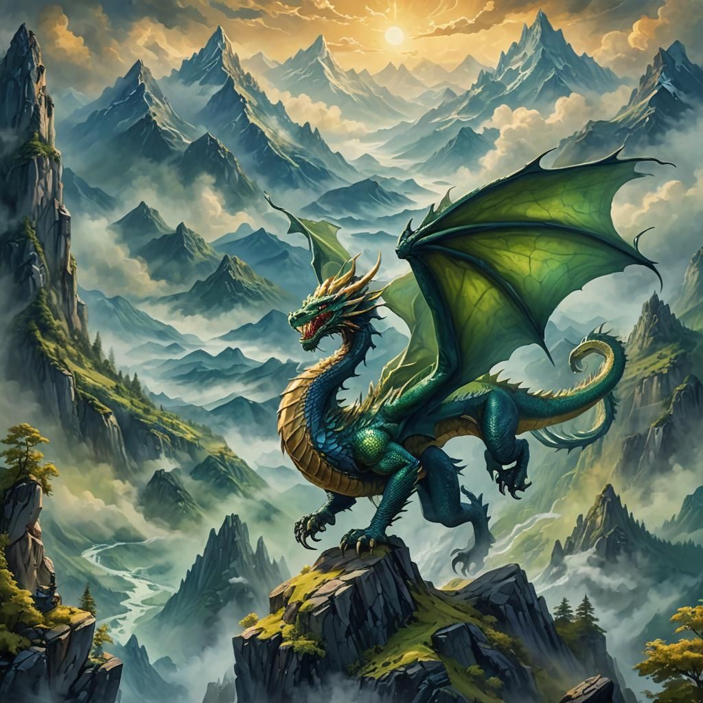 Dragon Soaring Through Misty Skies as Gouache Watercolor