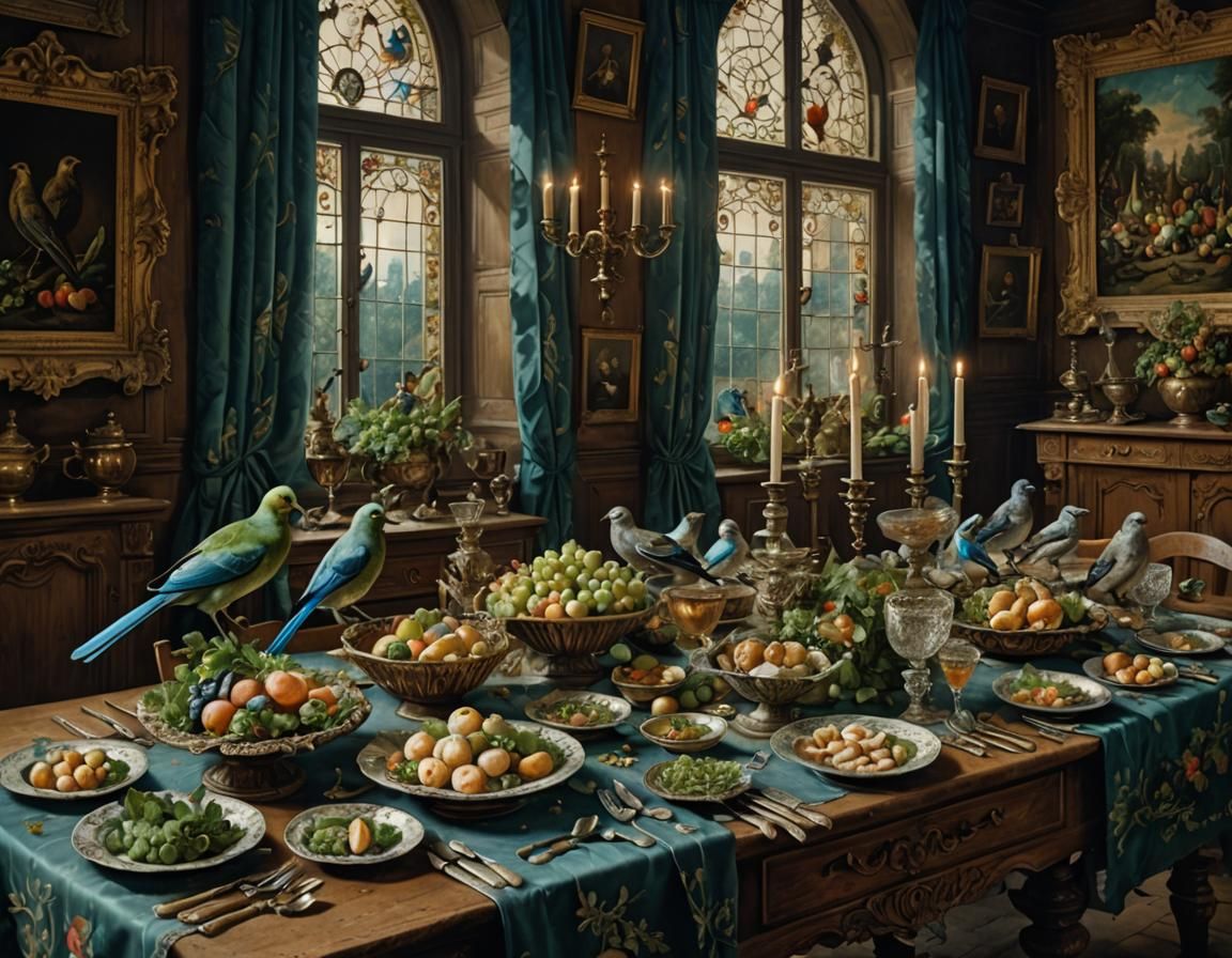 Birds at a Flemish Banquet: 18th-Century Matte Painting