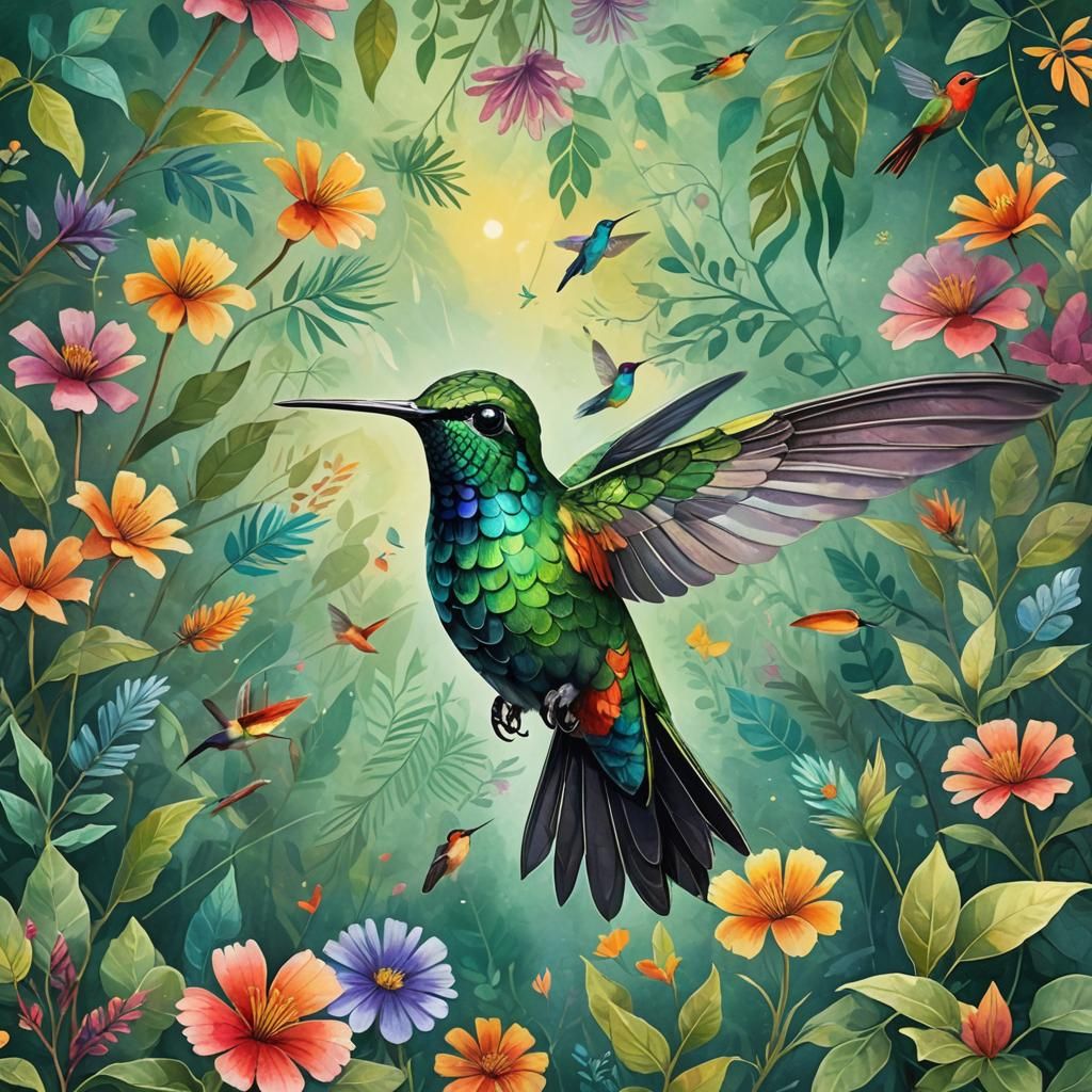 Vibrant Hummingbird Illustration in Watercolor Style